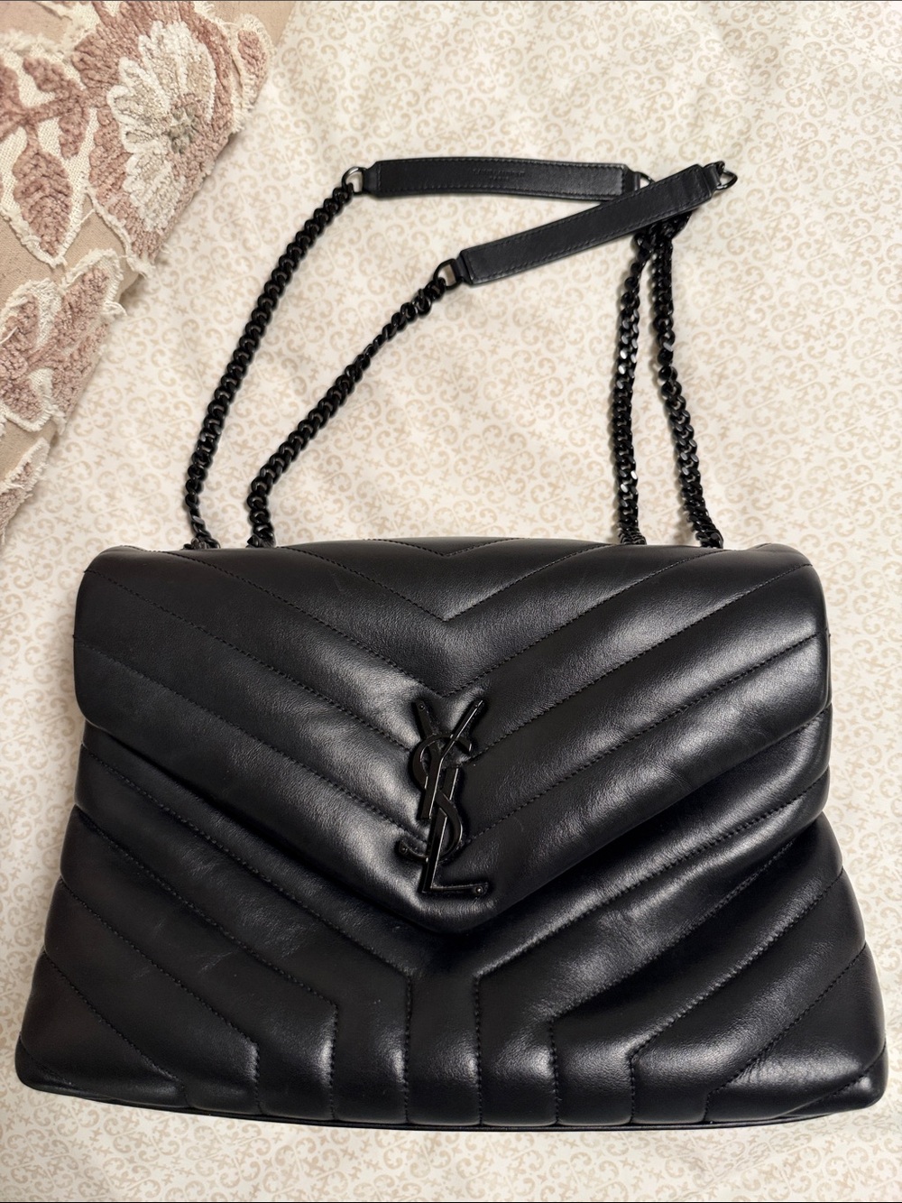 Yves Saint Laurent Black Quilted Chevron Shoulder Bag with Chain Strap